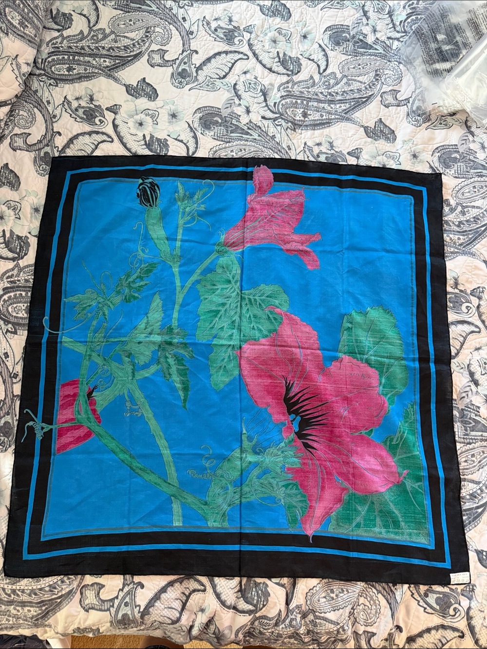 Vintage Thai silk 100% Blue Floral Square Scarf with Pink Bloom